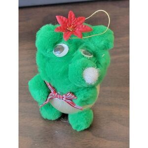 Satin green puff ball teddy bear flower ornament Xmas Decor handmade